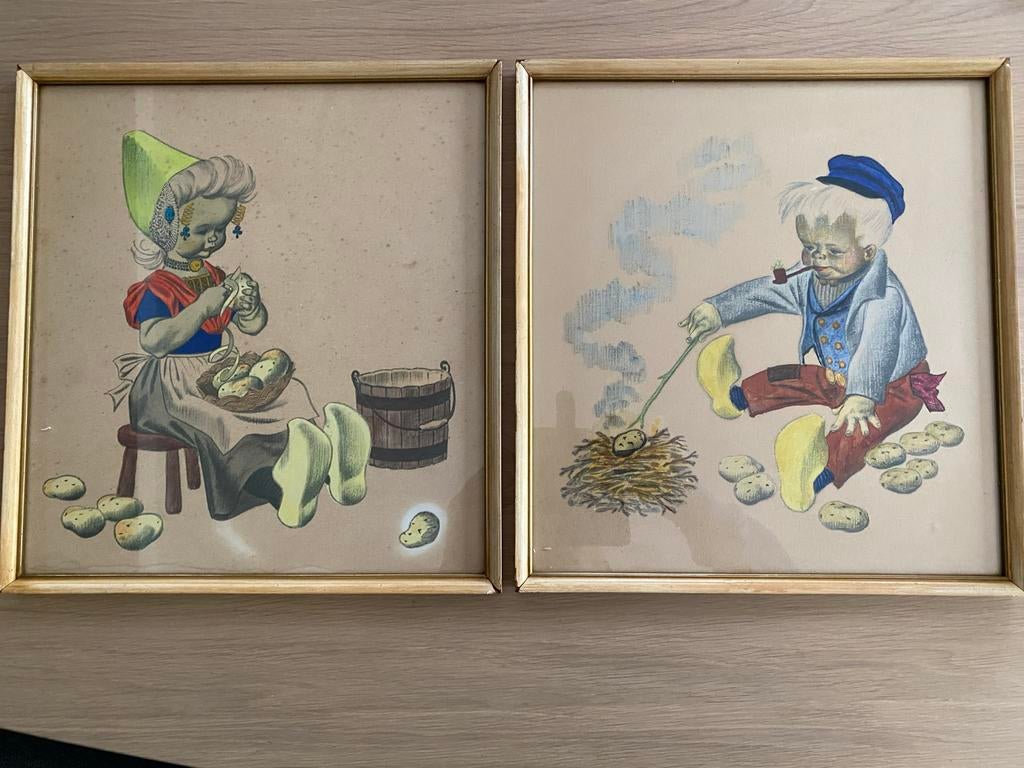 2 Schilderijtjes: Jongen en Meisje Aardappels Schillend, Ophalen of Verzenden