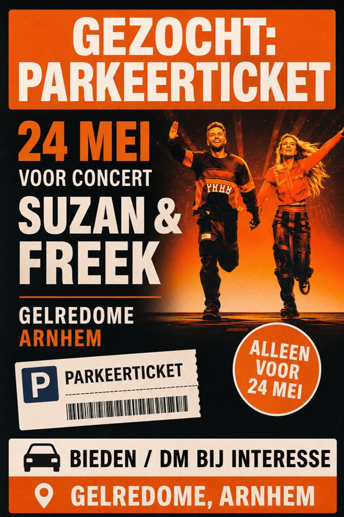 Gezocht parkeer ticket zo 24 mei Suzan en Freek, Tickets en Kaartjes, Twee personen