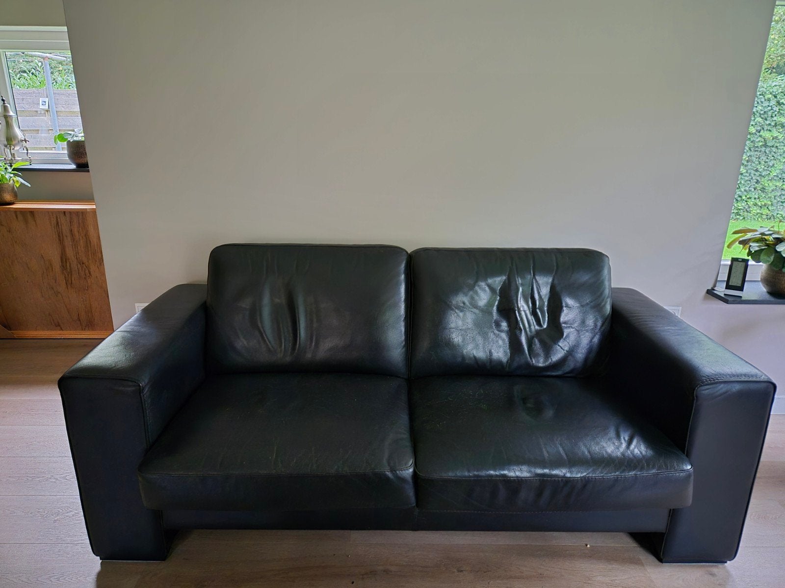 Gebruikte zwart leren bank met 2 fauteuils GRATIS, Ophalen, Gebruikt, 75 tot 100 cm