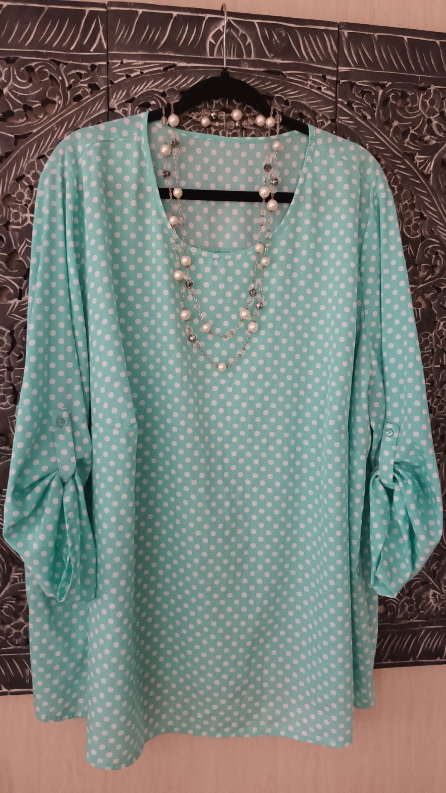 Bonprix Tuniek/Blouse Turquoise met Witte Stippen Maat 52/54, Kleding | Dames, Bonprix, Ophalen of Verzenden, Maat 46/48 (XL) of groter