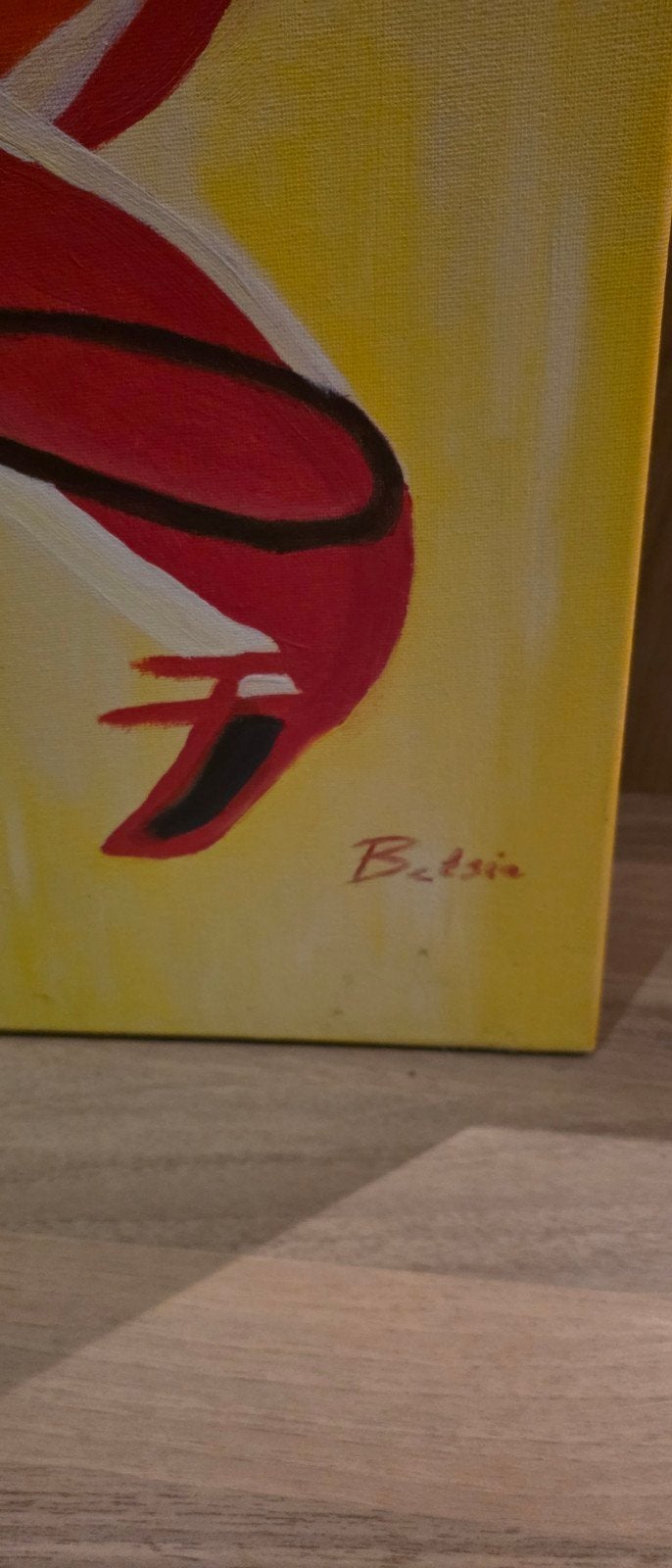 Abstract schilderij in rood en geel, gesigneerd, Ophalen of Verzenden
