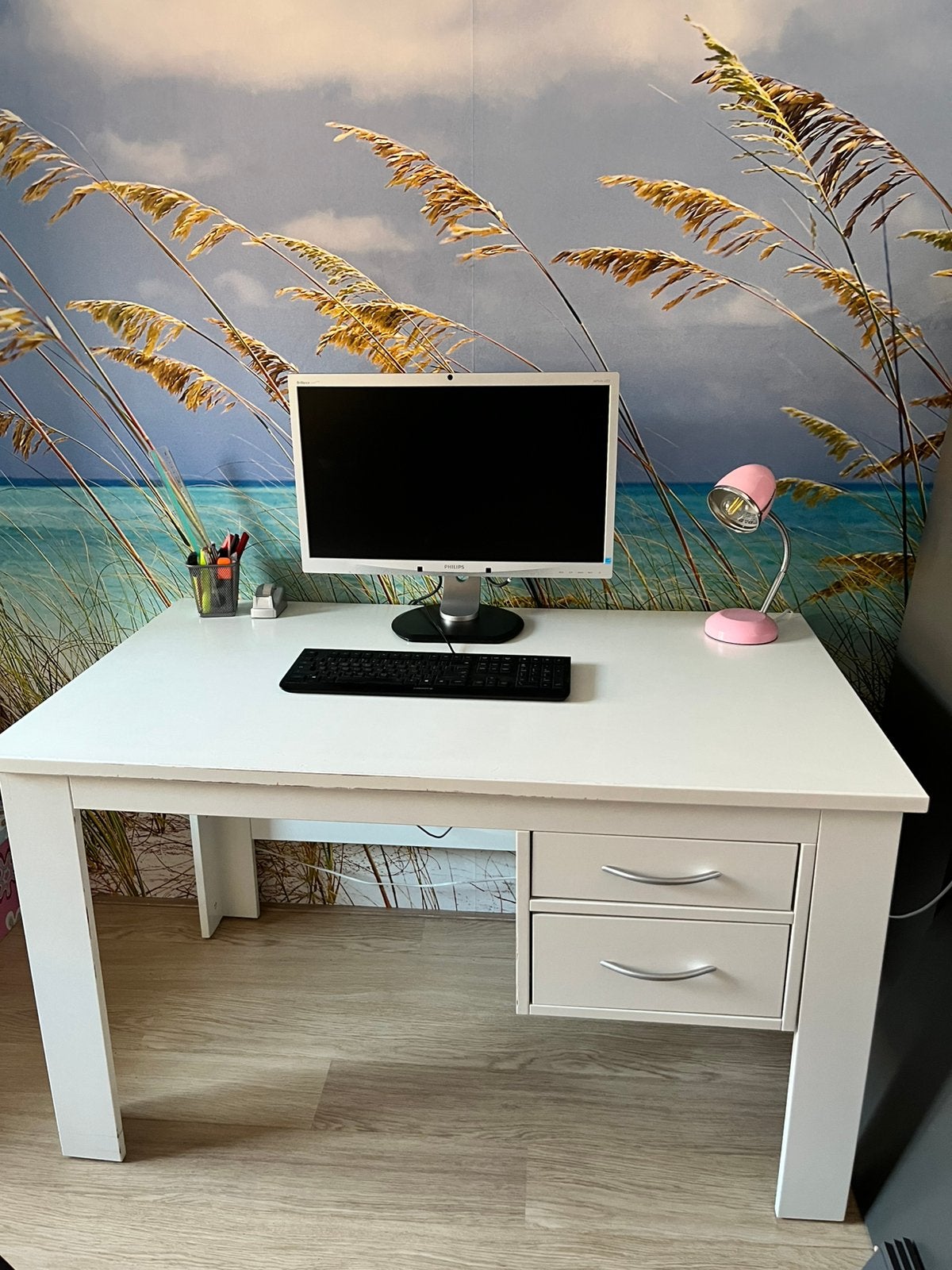 Ruim wit bureau met Lifetime bureaulamp, Ophalen, Gebruikt, Hout, 73 cm