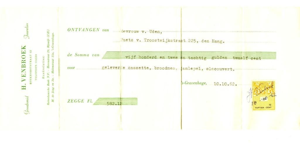 Ontvangstbewijs met fiscale zegel uit 1962, Ophalen