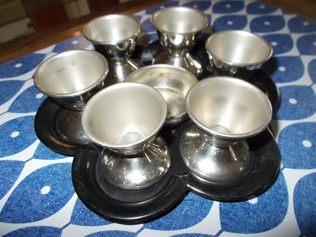 Set van 6 vintage zilverkleurige eierdopjes op dienblad, Ophalen of Verzenden