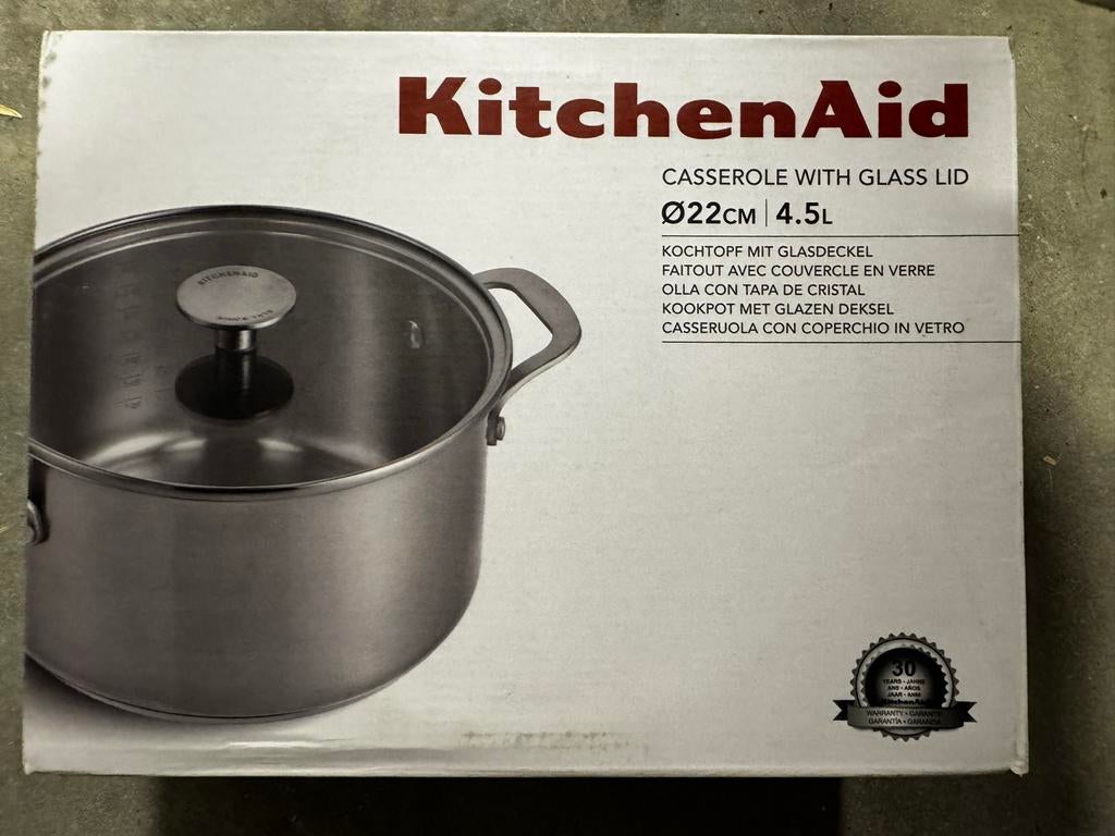 KitchenAid Kookpan met Glazen Deksel Ø22cm 4.5L, Huis en Inrichting, Keuken | Potten en Pannen, Kookpan of Snelkookpan, Inductieplaat