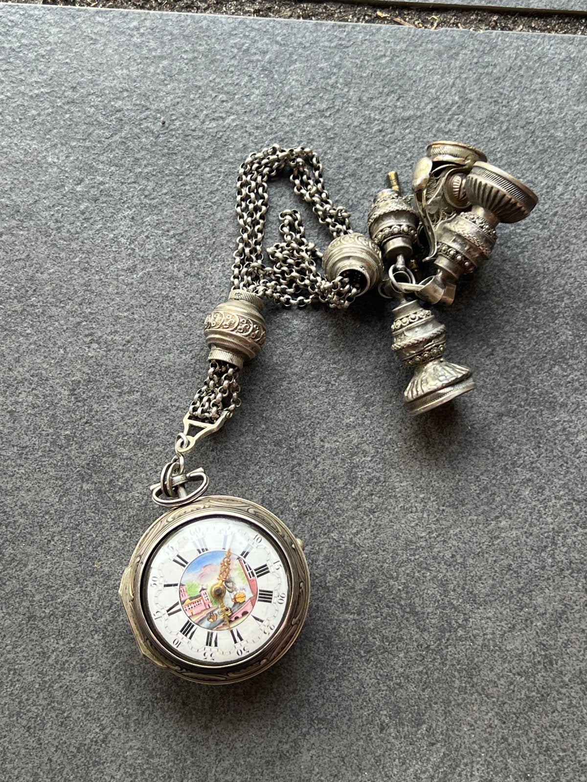 Antiek zilveren zakhorloge met ketting en sleutel, Londen, Ophalen of Verzenden