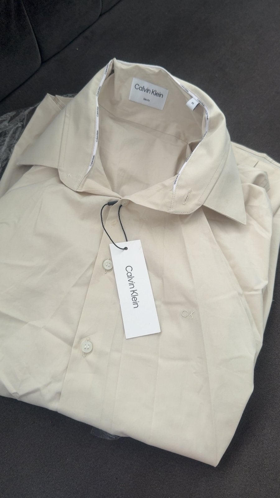 lichtbeige Calvin Klein Poplin slim fit overhemd, Ophalen of Verzenden, Nieuw, Maat 52/54 (L), Beige