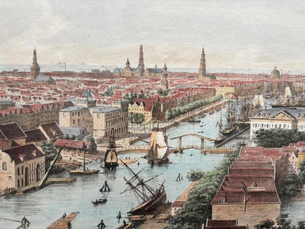 Antieke Steendruk 1856, Panorama Amsterdam, Buffa en zn., Antiek en Kunst, Kunst | Etsen en Gravures, 1800 - 1899, Met tekst, 72 cm