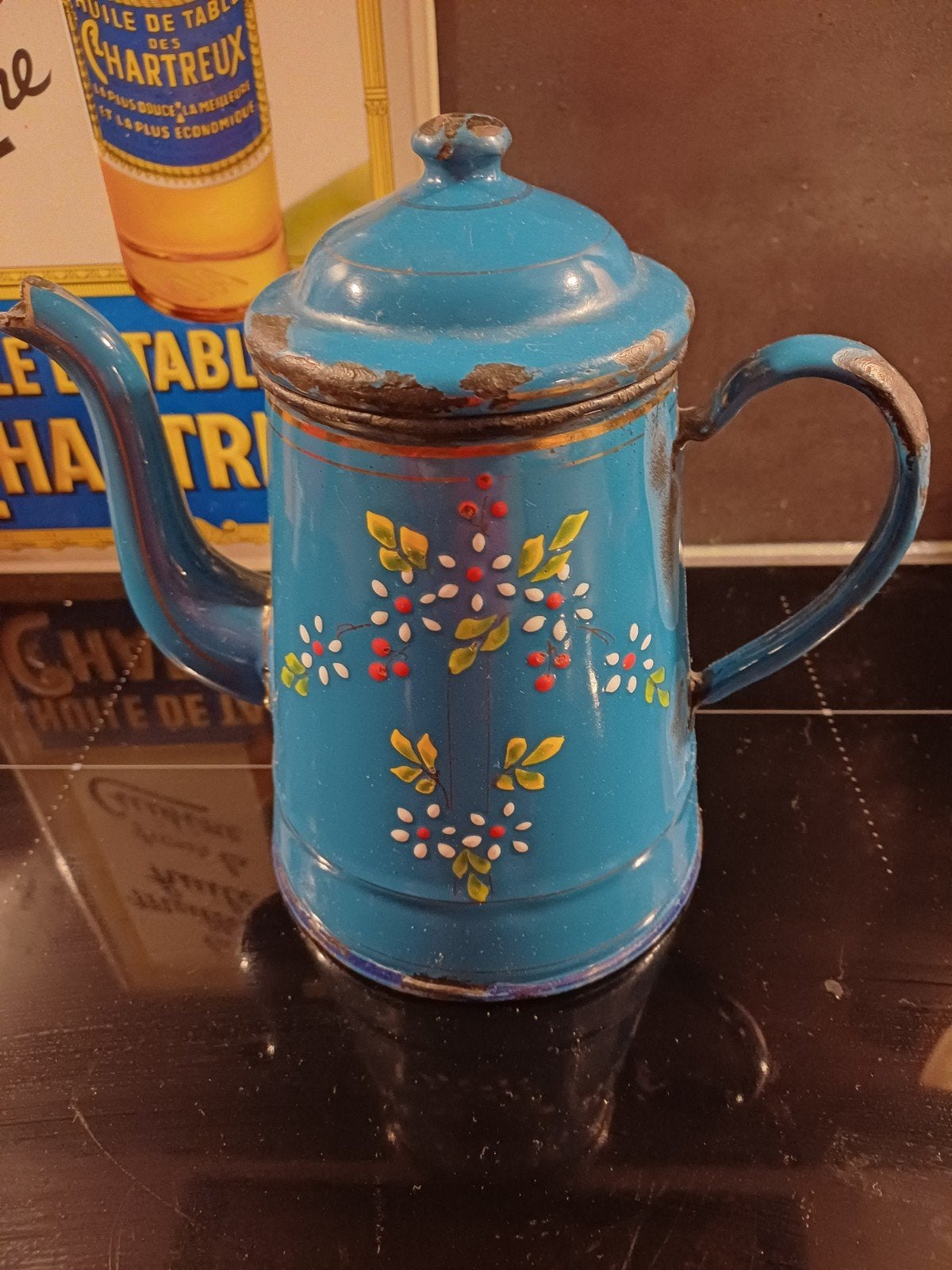 Antieke Franse emaille Koffiepot petrol met strooibloemetjes, Verzenden