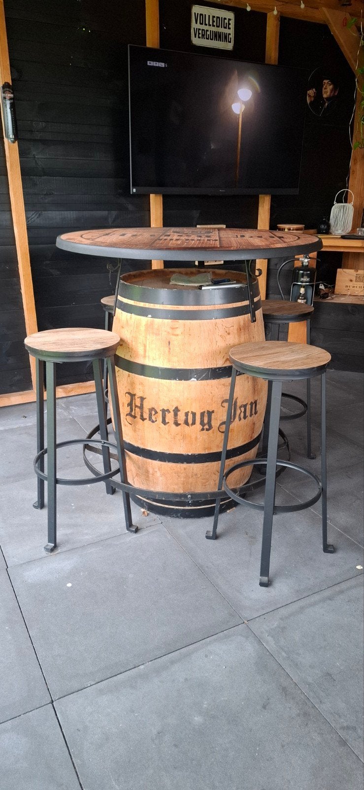 Hertog Jan statafel met 4 krukken - kunststof blad, Ophalen, Gebruikt