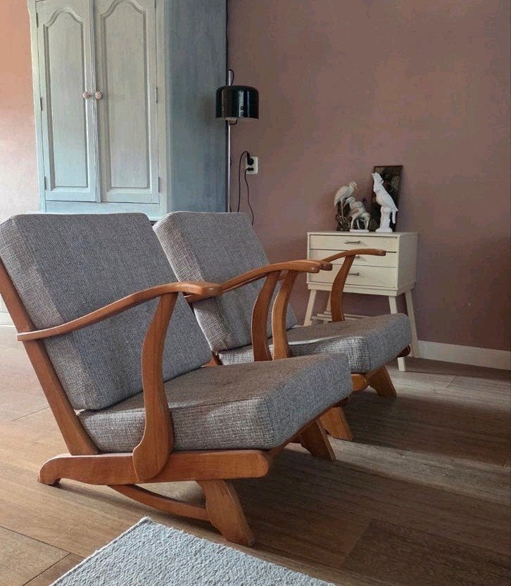 Set van 2 vintage jaren '50 fauteuils - Nieuw gestoffeerd, Ophalen of Verzenden, Zo goed als nieuw, Stof, Nvt