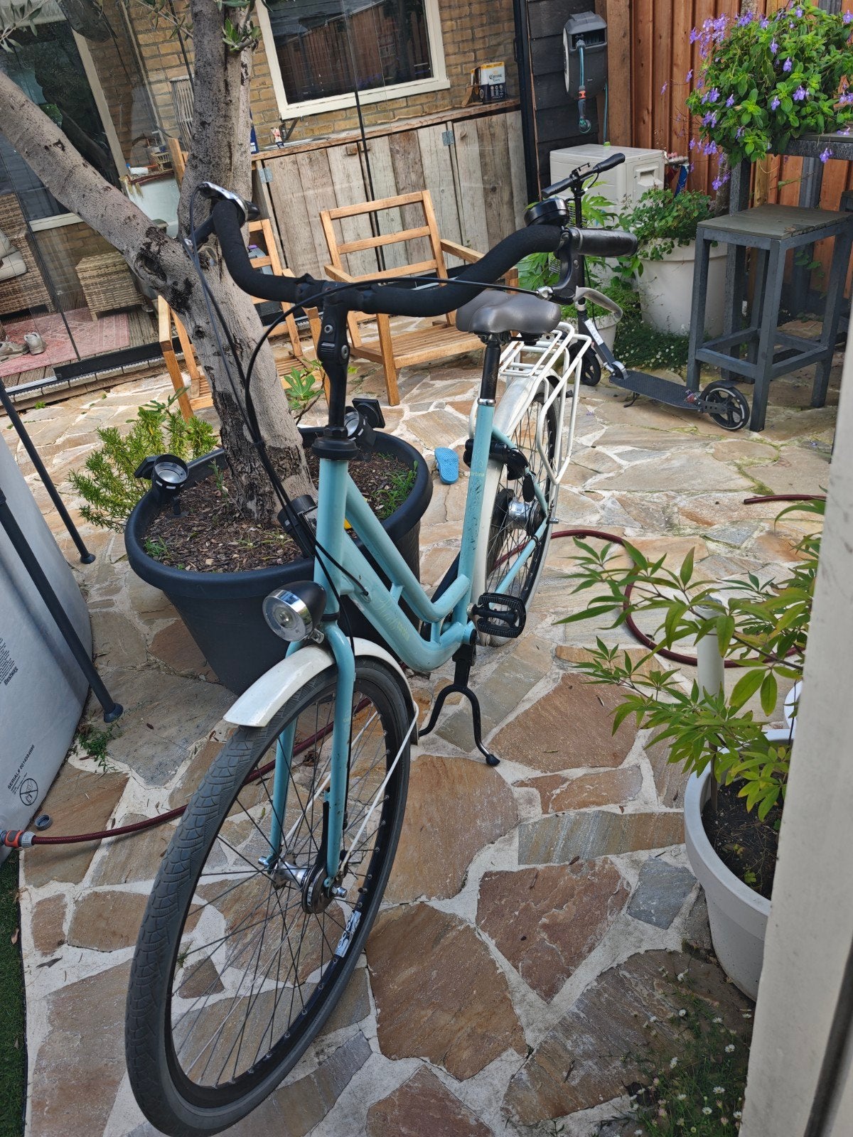 Lichtblauwe moederfiets met lage instap, Terugtraprem, 50 tot 53 cm, Ophalen, Overige merken