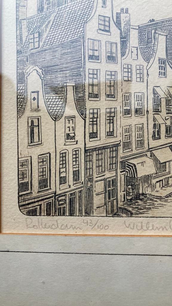 PPSTK! Ets Willem Veldhorst Rotterdam Botersloot Laurenskerk, Ingelijst, Stadsgezicht, 23 cm, 27 cm