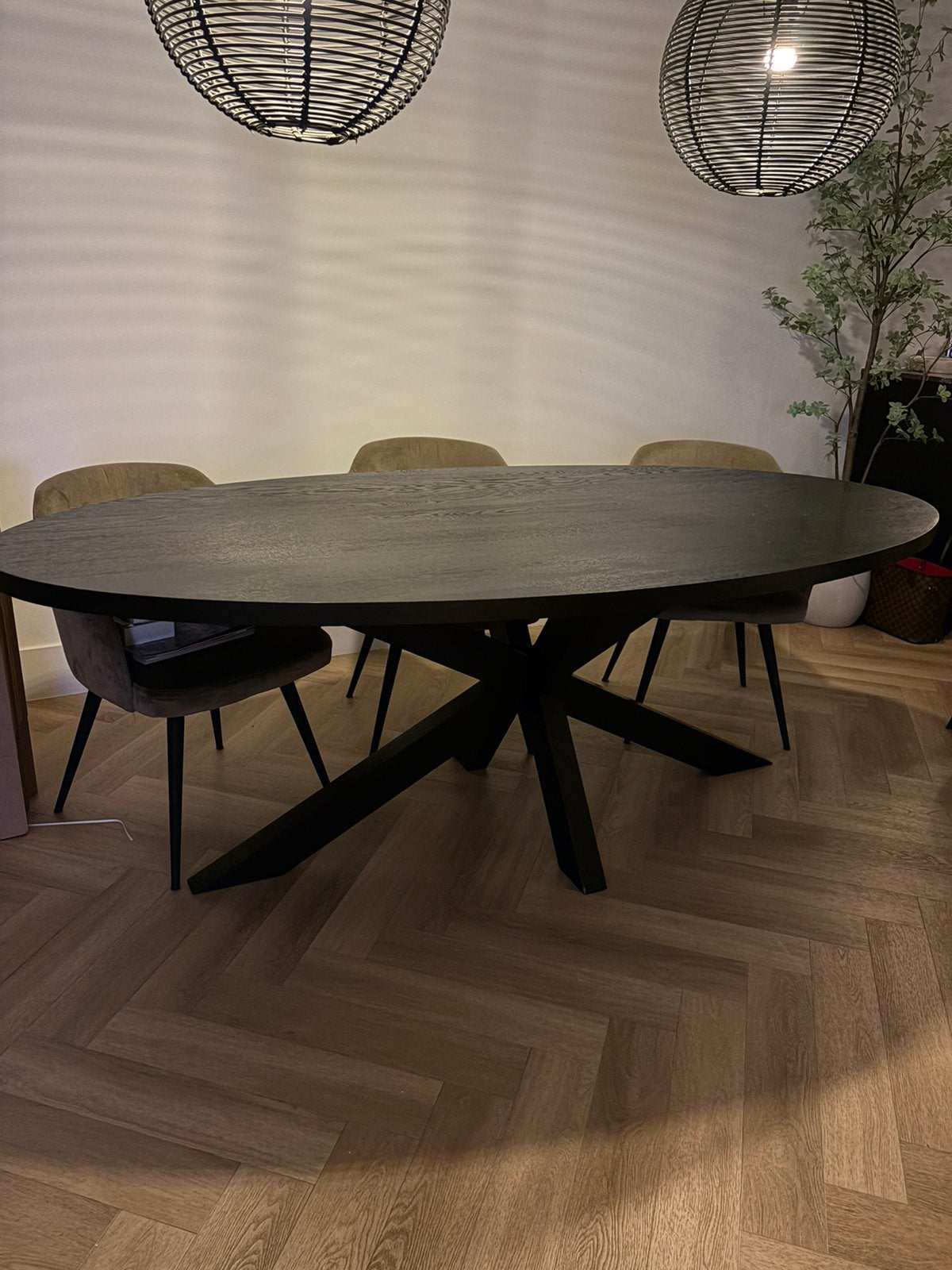 Table du Sud ovale eettafel 2.20 x 1.10 m + 6 taupe stoelen, Ophalen, 100 tot 150 cm, 200 cm of meer, Zo goed als nieuw
