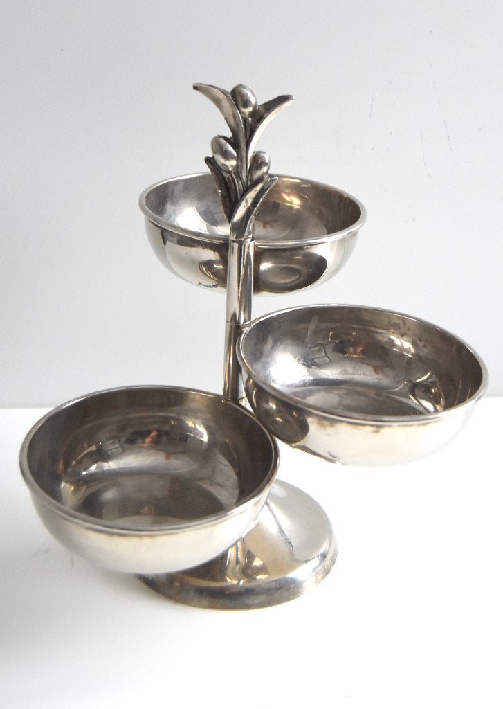 Verzilverde vintage etagère met 3 verstelbare kommen, Etagère, Gebruikt, Metaal, Ophalen of Verzenden