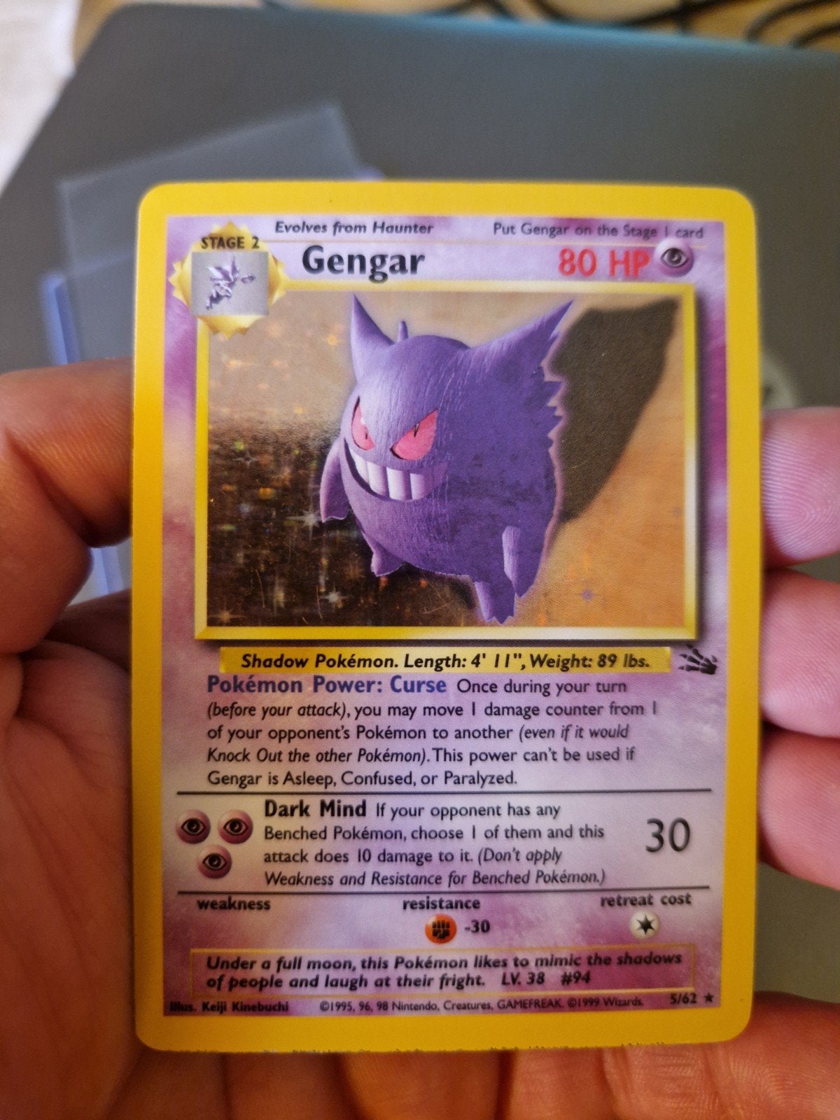 Pokemon Gengar 5/62 Holo Fossil uit 1999 te koop, Ophalen of Verzenden, Gebruikt, Losse kaart, Foil