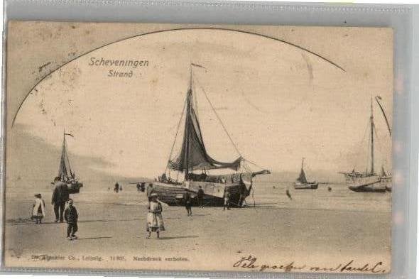 Scheveningen Bomschuiten op strand st 1904, Ophalen of Verzenden, Voor 1920, Gelopen, Zuid-Holland
