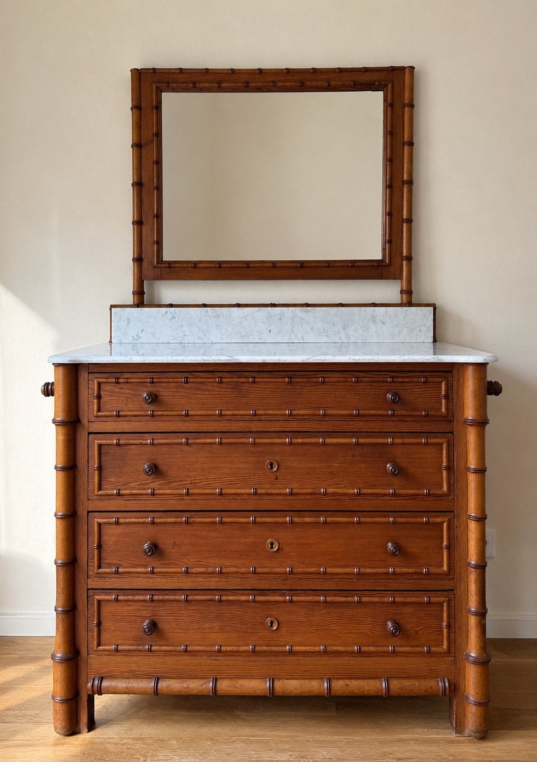 Faux bamboo dressoir, Ophalen, 50 tot 100 cm, Zo goed als nieuw, 3 of 4 laden