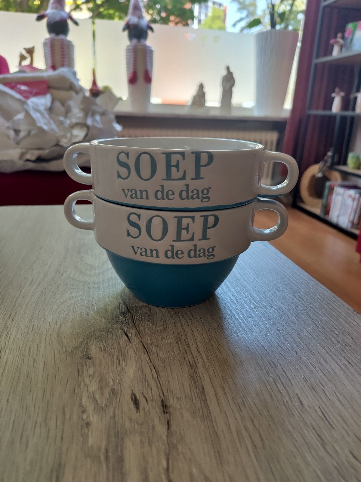 2x Soepkommen 'Soep van de dag', Huis en Inrichting, Keuken | Servies, Ophalen of Verzenden, Aardewerk, Overige stijlen, Kom(men)