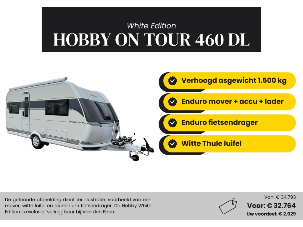 Hobby On Tour 460 DL White Edition Actiepakket, Caravans en Kamperen, Caravans, Standaardzit, Hobby, Bedrijf, Tot en met 3