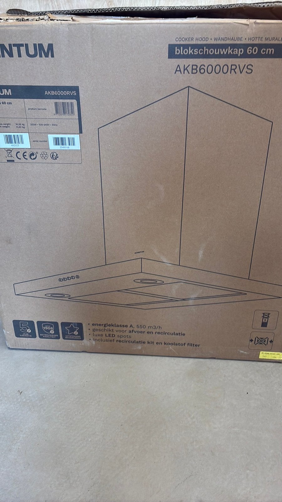 Afzuigkap Inventum AKB6000RVS, Witgoed en Apparatuur, Ophalen of Verzenden, Nieuw, 400 tot 600 m³ per uur, Wandschouwkap