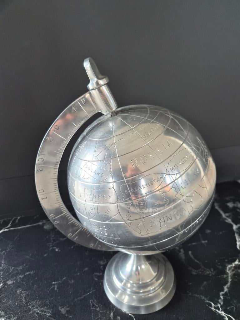 Wereldbol globe aluminium, Verzenden, Zo goed als nieuw