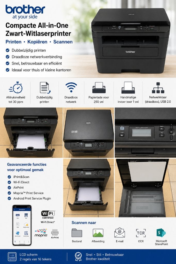 Printer Brother DCP-L2530DW - zwart/wit laserprinter, Ophalen of Verzenden, Refurbished, Printer, Draadloos