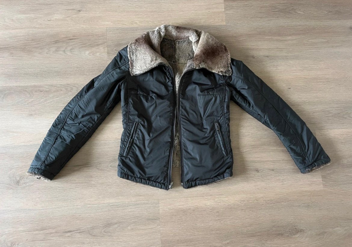 Ry dames jas - Bruin - Nylon en konijnenbont - Maat 34, Ophalen of Verzenden, Zo goed als nieuw, Maat 34 (XS) of kleiner, Bruin