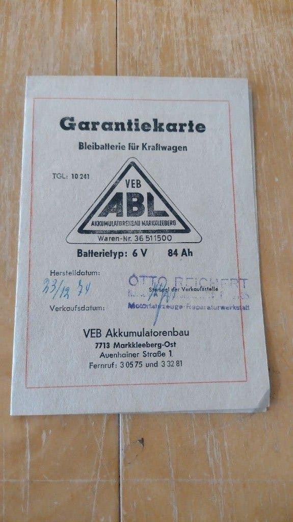 Originele DDR Garantiekaart Auto-accu (1984), Verzamelen, Ophalen of Verzenden, Overige typen