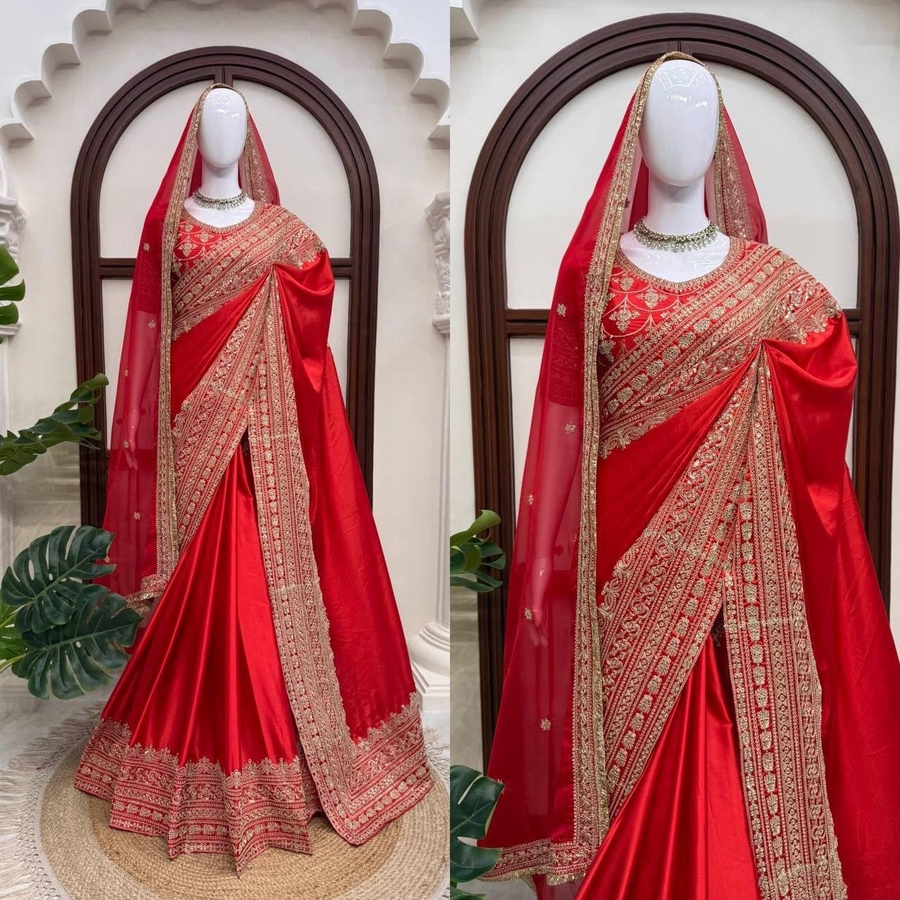 Nieuwe rode saree met prachtige gouden borduursels en saal, Ophalen of Verzenden, Nieuw