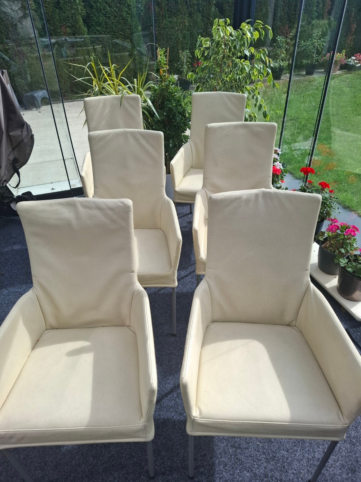 Set crèmekleurige leren eetkamerstoelen, Huis en Inrichting, Gebruikt, Overige kleuren, Leer, Ophalen of Verzenden