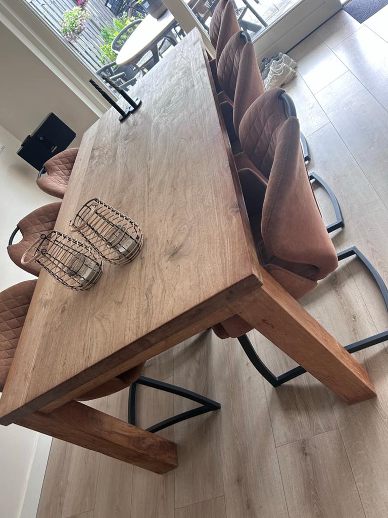 Teakhouten eettafel met 6 cognac stoelen, Ophalen, Gebruikt, 100 tot 150 cm, Teakhout