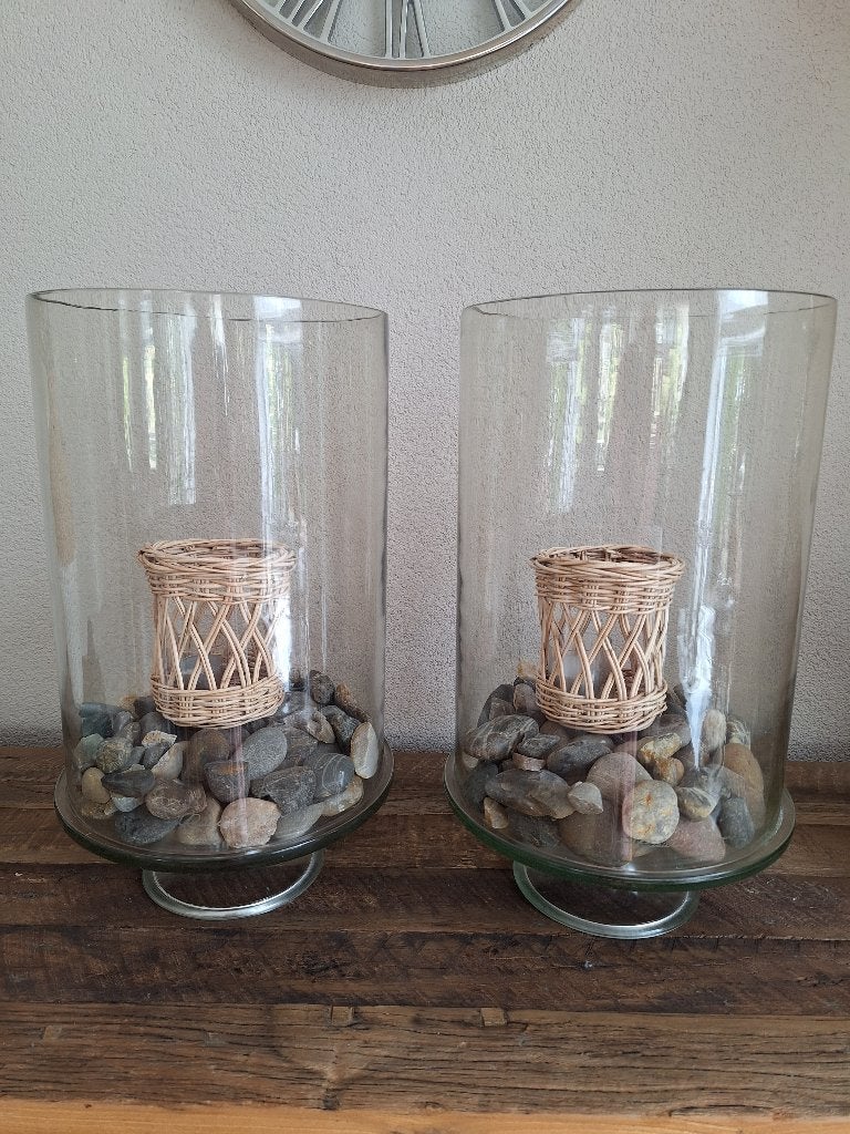 Riviera Maison 2 grote glazen windlichten hurricanes, Ophalen, Zo goed als nieuw, Glas