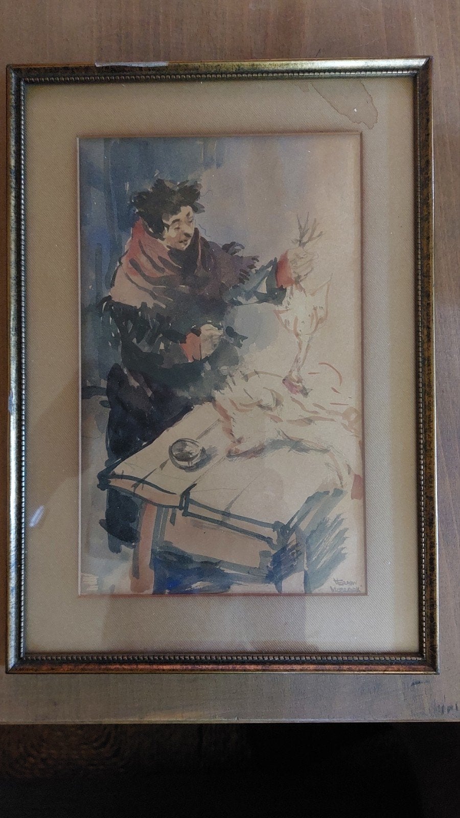 Aquarel van Herman Moerkerk - Vrouw met kip, Antiek en Kunst, Kunst | Schilderijen | Klassiek, Portret of Personen, Expressionistisch