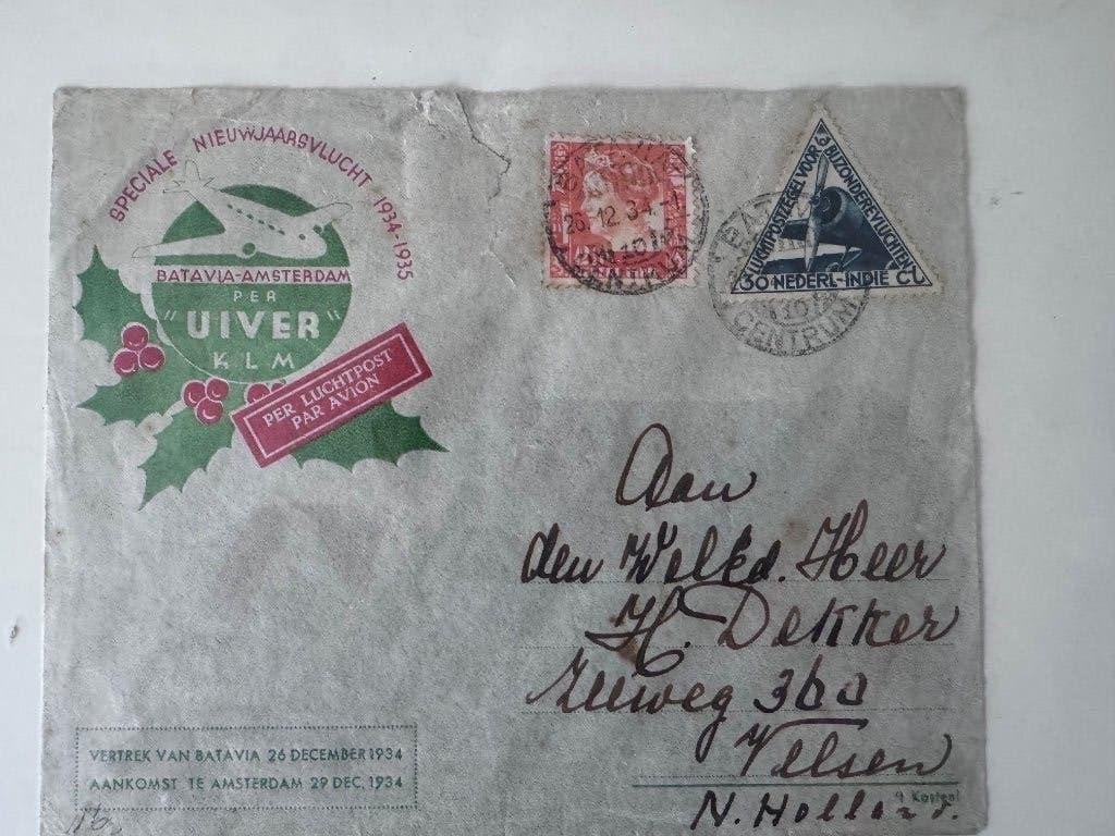 Oude postkaart/brief in lijst - Uiver KLM 1934, Verzamelen, Ophalen of Verzenden, Gebruikt, Kaart, Foto of Prent