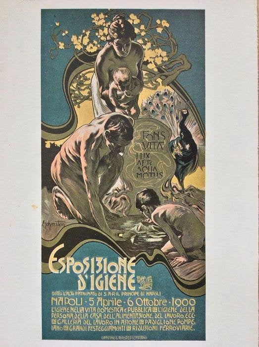 Hohenstein Art nouveau Napoli Origineel litho poster 1901, Verzenden