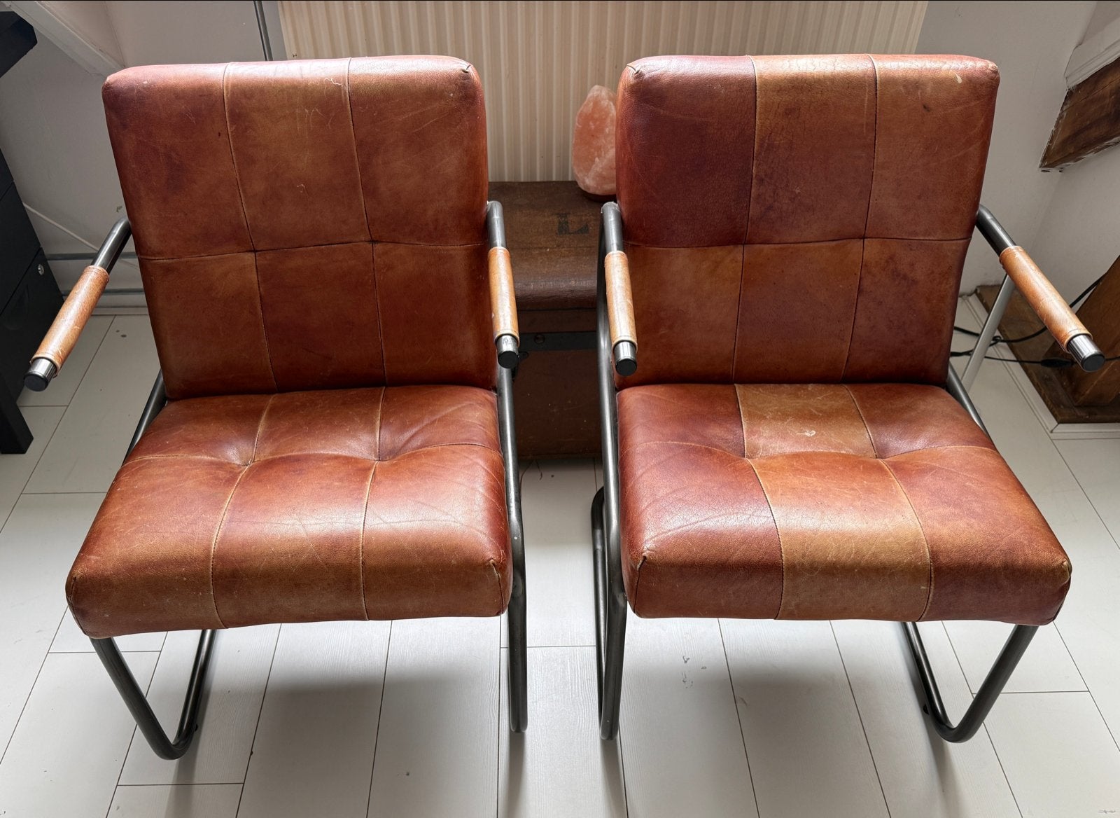 Set van 2 leren stoelen met metalen frame. Cognac, Ophalen, Gebruikt, Twee, Bruin