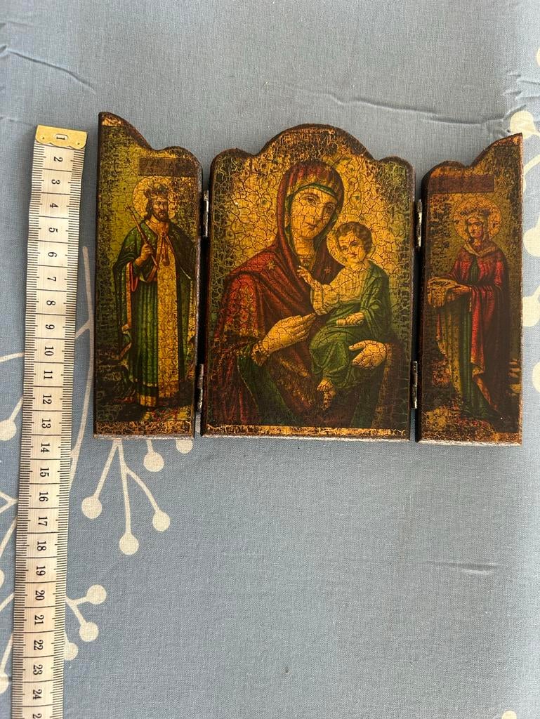 Antieke Russische Icoon Drieluik - Maria met Kind, Antiek en Kunst, Ophalen of Verzenden