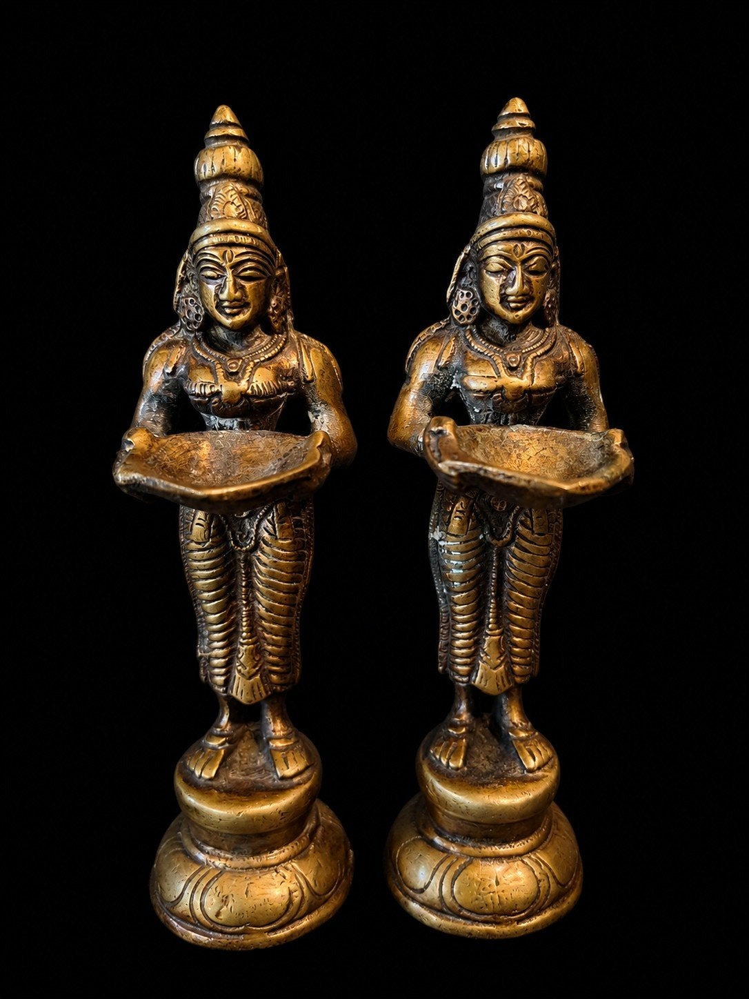 Set van 2 Indiase bronzen olielampen (Diya/Deepam), Handgemaakt, Goud, India, Ophalen of Verzenden