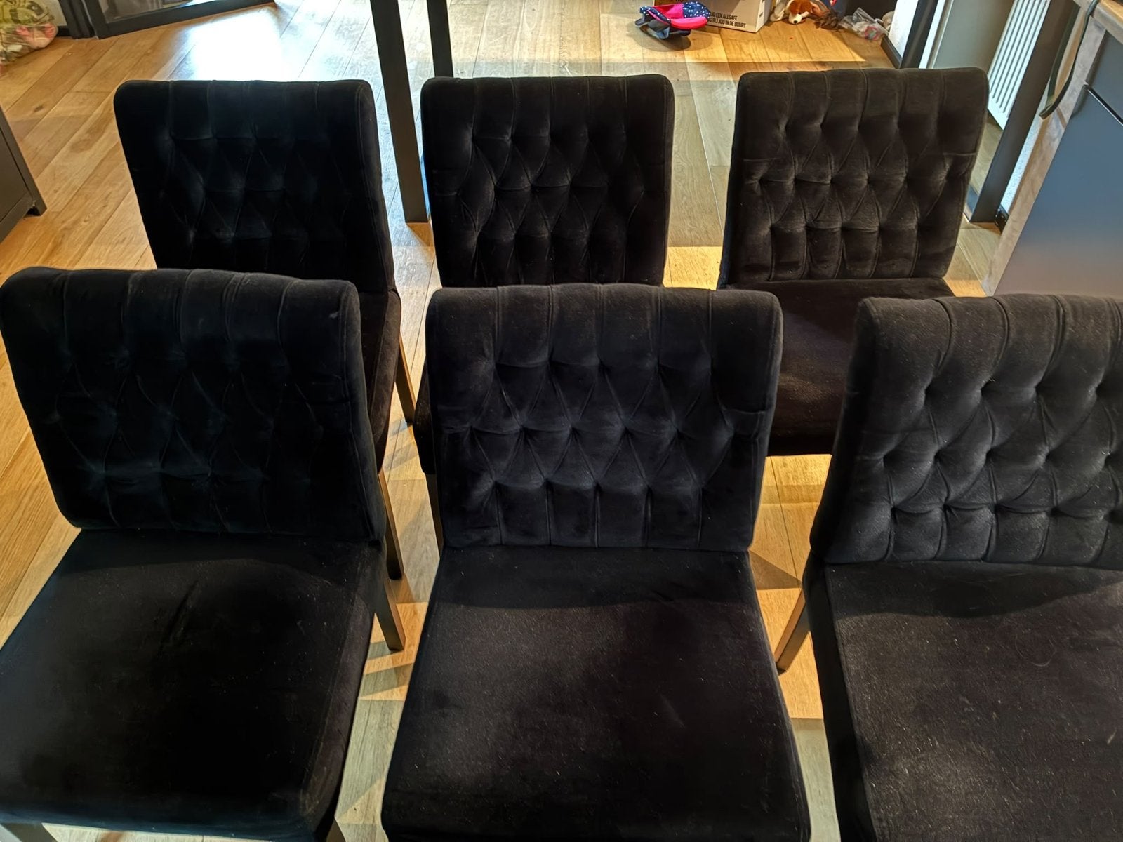 6 zwarte velvet eetkamerstoelen - Gecapitonneerd, Ophalen, Gebruikt, Zwart, Stof