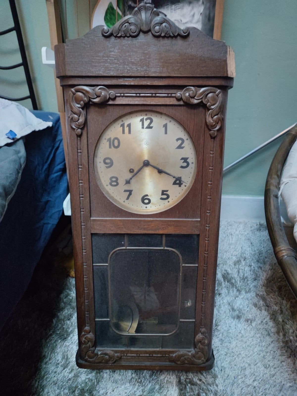 Antieke houten wandklok met slinger, Ophalen of Verzenden