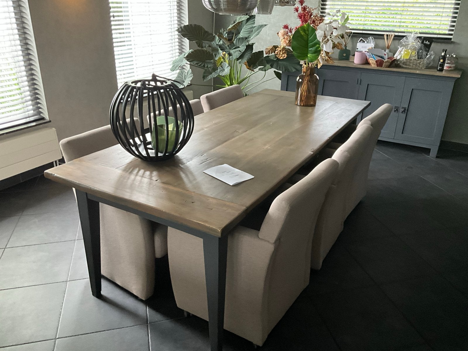Robuuste eettafel van teak hout met 6 eetkamer, Huis en Inrichting, Tafels | Eettafels, Ophalen, Gebruikt, 200 cm of meer, 50 tot 100 cm