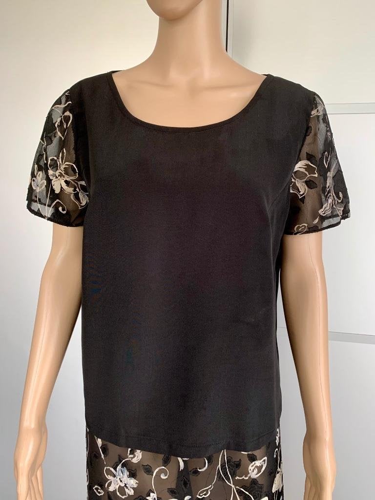 E408 Set 3-dlg: rok+top+blouse: maat 40=M zwart/beige/grijs, Maat 38/40 (M), Zwart, Ophalen of Verzenden, Onder de knie