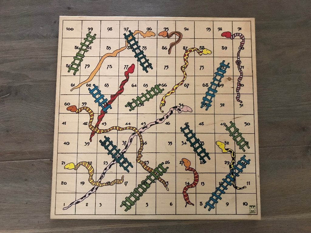 JANBIBEJAN ADDERS EN LADDERS HOUTEN BORDSPEL TRAPJE OP AF, Drie of vier spelers, Ophalen of Verzenden, Zo goed als nieuw, Janbibejan