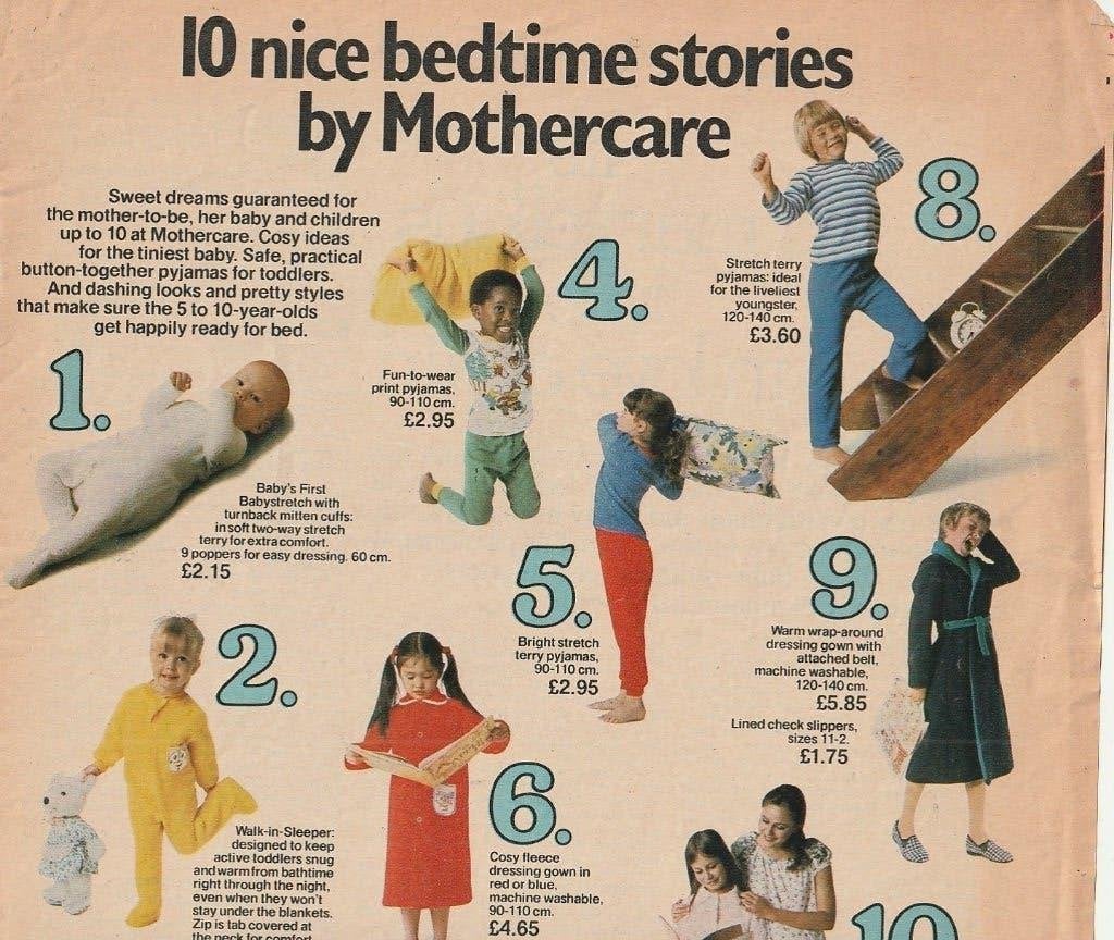 retro reclame 1976 Mothercare kindermode pyjama's jongetjes, Verzenden, Overige typen