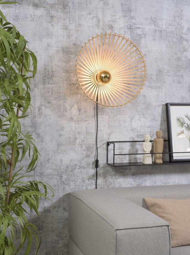 Good&Mojo wandlamp BROMO bamboe naturel asymmetrisch, Ophalen, Met schakelaar, Natuurlijk materiaal, E27 (groot)