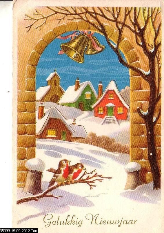 Ansichtkaart 	Gelukkig Nieuwjaar	Huisjes door een poort, Verzenden, 1960 tot 1980, Gelopen, Feest(dag)