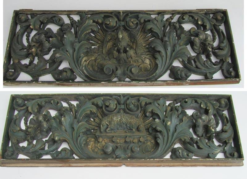 2 antieke panelen uit kerk, Lam Gods en Pelikaan met kuikens, Ophalen