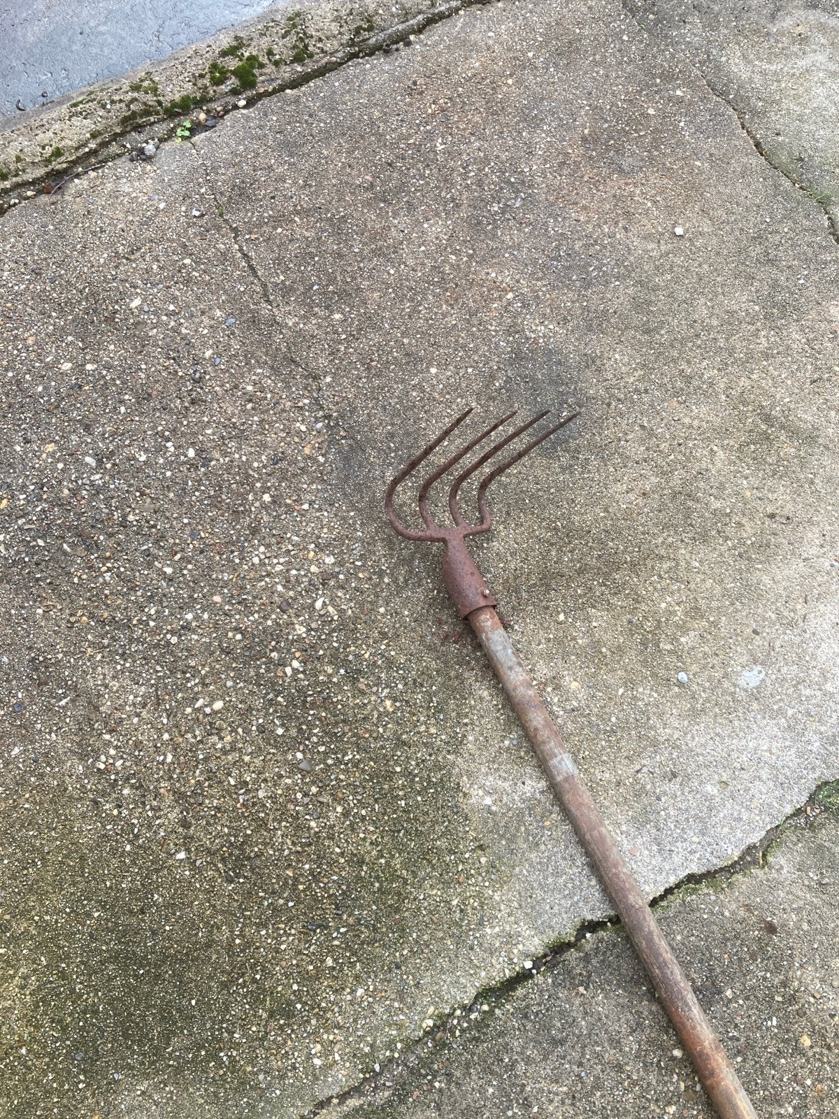 Oude roestige mest haak met ijzeren steel, Ophalen, Gebruikt, Vork