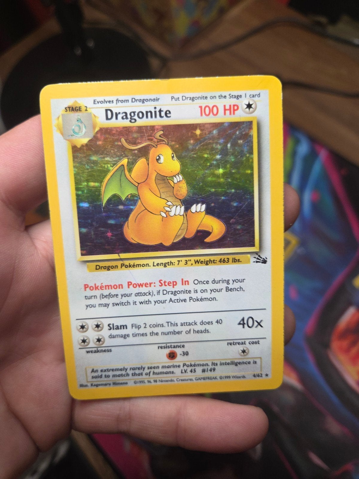 Dragonite Holo 4/62 Fossil 1999 Wizard of the Coast Era, Ophalen of Verzenden, Gebruikt, Losse kaart, Foil